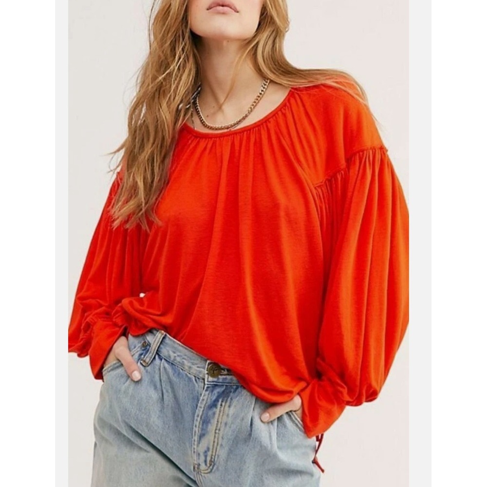 FP Beach Free People Farrah Top‎ XS Dark Orange Tie Cuff Balloon Sleeve Cropped
